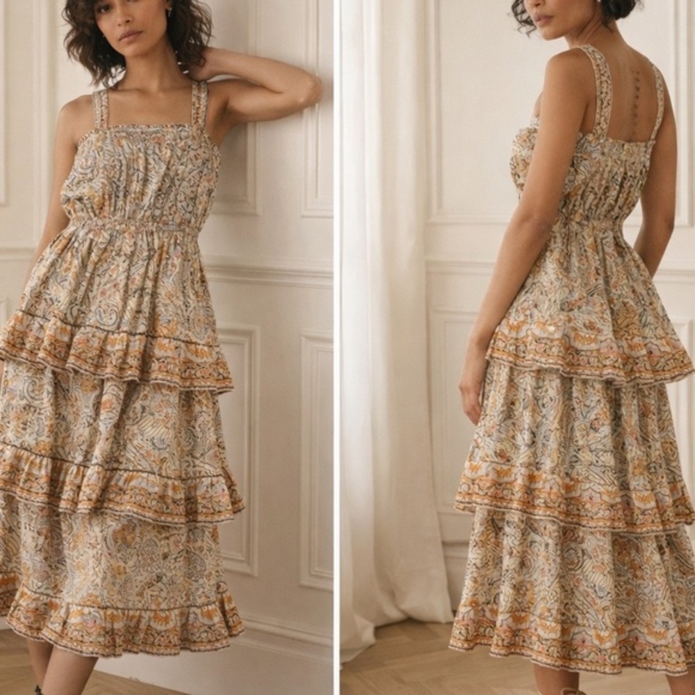 Cleobella Rosalie Tiered Boho Midi Dress Kaleidoscope Print Smocked Waist